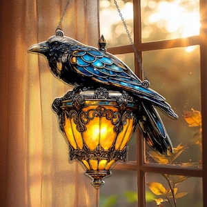 Gothic Raven on Lantern Acrylic Suncatcher, Halloween Crow on Lamp Ornament, Halloween Decor, Black Raven Door Hanger, Gothic Suncatcher