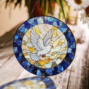 White dove stained glass suncatcher round window hanging peace bird decor Christian gift