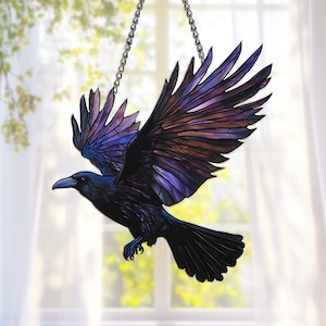 Acrylic Suncatcher Decoration Window Hanging Raven Crow In Flight Purple Black Wings