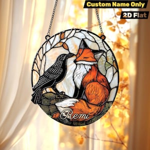 Custom Fox and Raven Window Hanging, Personalized Name Sign, Faux Stained Glass Art