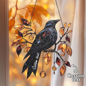 Autumn Raven Suncatcher – Gothic Faux Stained Glass Window Hanging