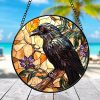 Gothic Raven Stained Glass Suncatcher | Circular Mosaic Window Art | Witchy Dark Academia Decor