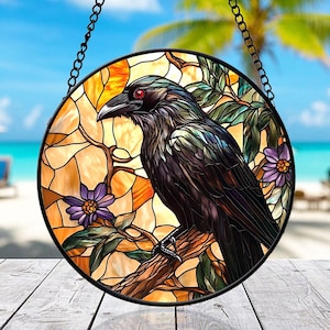 Gothic Raven Stained Glass Suncatcher | Circular Mosaic Window Art | Witchy Dark Academia Decor