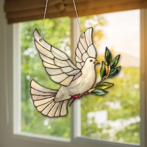 White Dove ACRYLIC Suncatcher with Olive Branch, Peace Symbol Window Hanging, Religious Holy Spirit Gift, Dove Art, New Home Blessing Decor
