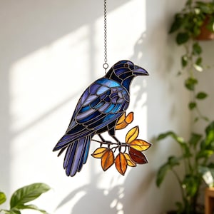 Stained Glass Raven Sun Catcher, Gothic Window Decoration, Easter Gift, Mother's Day Gift, Wizard-Themed Room Decor, Gift for Bird Lovers
