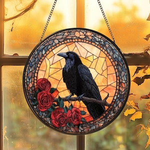 Raven Stained Glass Suncatcher, Gothic Crow Window Hanging Decor,Black Bird Idea for Dark Theme, Halloween Gifts for Mom Friend Her,Birthday