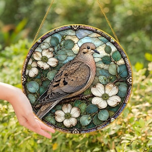 Mourning Dove Stained Glass Window Suncatcher, Peaceful Bird Hanging Decor, Nature Lover Gift, Elegant Home Ornament Art- Golden Frame