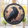 Raven Stained Glass Suncatcher, Round Window Hanging Dark Book Stack Decor, Gothic Bird Lover Decor, Halloween Mystic Witchy Memorial Gift
