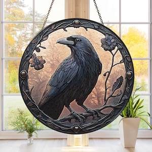 Raven Stained Glass Suncatcher, Round Window Hanging Dark Book Stack Decor, Gothic Bird Lover Decor, Halloween Mystic Witchy Memorial Gift