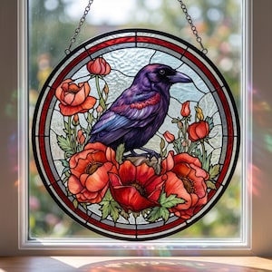 Crow Poppy Stained Glass Suncatcher, Red Flower Raven Window Hanging Decor, Gothic Botanical Bird Ornament, Whimsical Nature Lover Gift Her